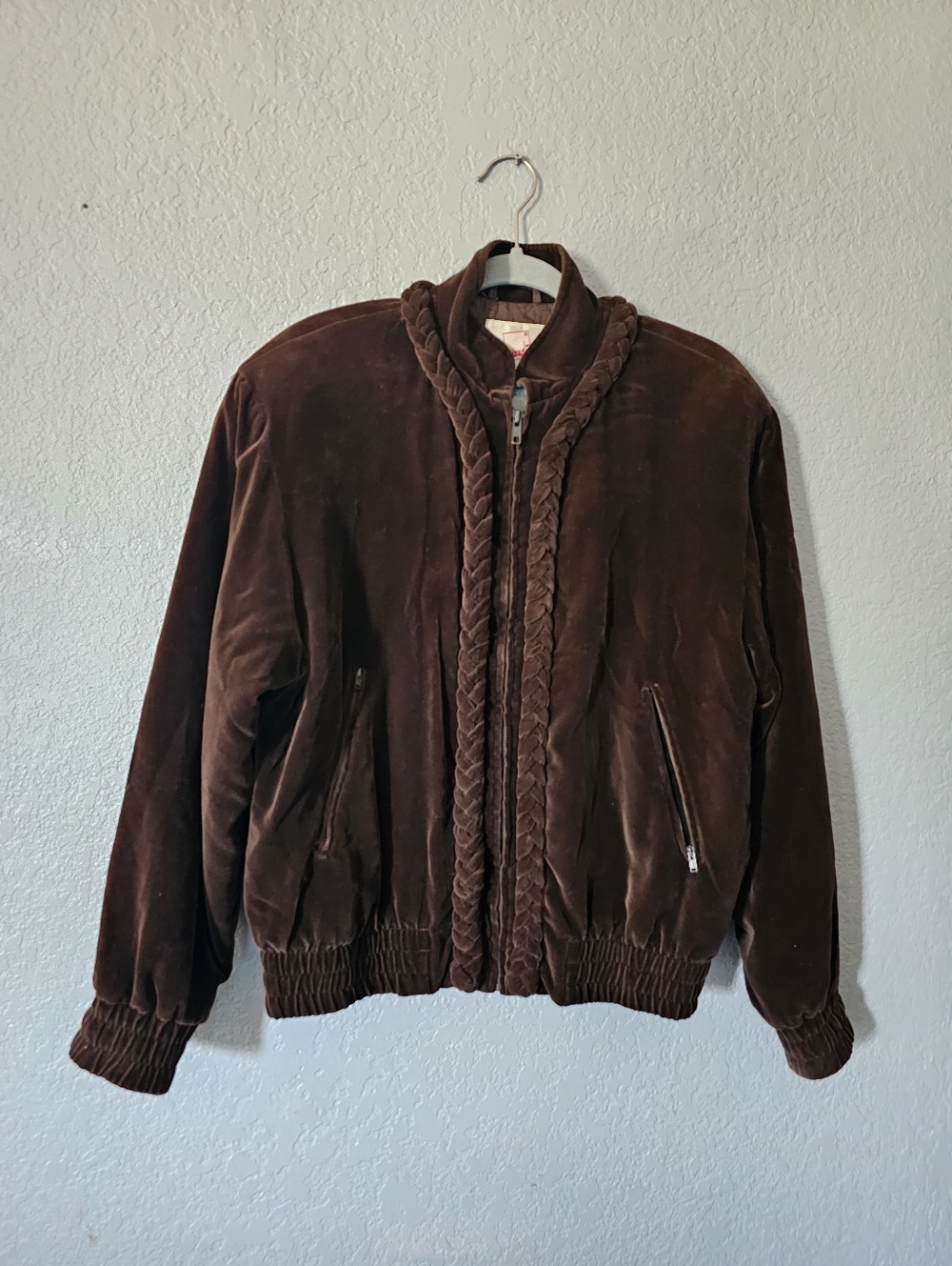 Vintage Mondi Brown Velvet Braided-Trim Bomber Jacket